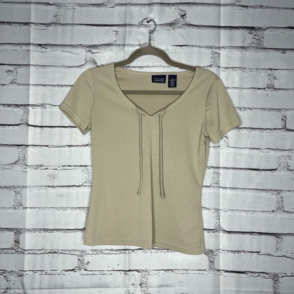 Hillard & Hanson Cream Fitted Tie Front T-Shirt V-Neck Drawstring Neckline SZ XS